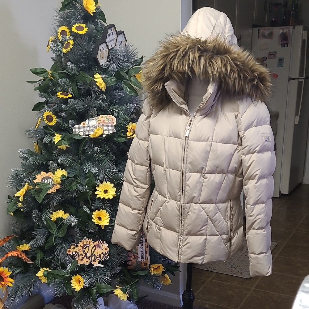 Calvin Klein Collection Beige Puffer Jacket with Faux Fur Hood